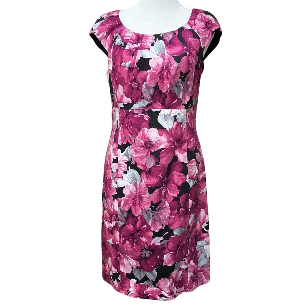 Jones New York Signature Pink Floral Sheath Dress Cotton Stretch Sleeveless Sz 4